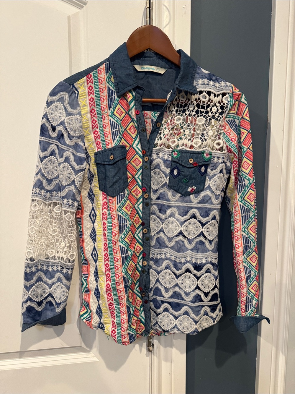 Desigual Boho Lace & Embroidered Button-Up Shirt in denim & Multicolor small